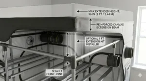 Diagram showing how the height extension kit increases the vertical growing space of a Gorilla Grow Tent 8x8.