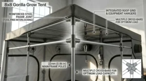 An illustration of the heavy-duty interlocking metal poles and corner joints of a Gorilla Grow Tent 8x8 framework.