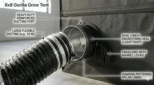 Detailed view of the double-cinching ventilation ports and ducting zones on a Gorilla Grow Tent 8x8.