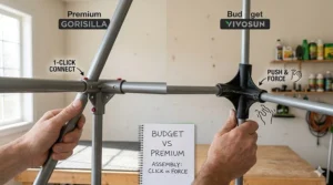 Infographic demonstrating the assembly process and corner connectors of a budget vs premium grow tent.
