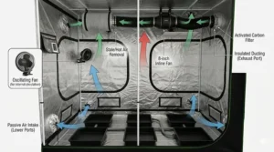 A detailed illustration showing the proper airflow path in a 5x5 grow tent setup, tracing air from the intake vents through the inline fan and carbon filter exhaust system.