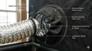 Illustration of double-sleeved ventilation ports on a quality grow tent for inline fan and carbon filter installation.