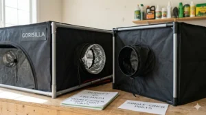 Illustration of dual-clamping ventilation and cable ports on a premium grow tent model.