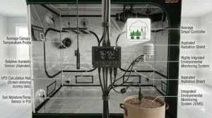 A detailed illustration showing proper sensor placement and environmental monitoring, including aspirated radiation shields and canopy probes, within a 5x5 grow tent setup to maintain optimal VPD levels.