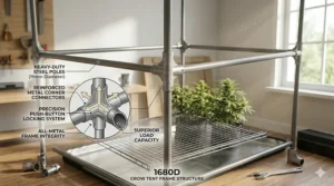Technical drawing of the sturdy steel poles and metal corner connectors that support a heavy 1680D grow tent.