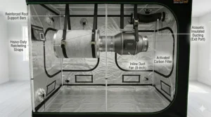 A photorealistic instructional illustration showing the proper installation of an 8-inch inline duct fan and matching carbon filter, securely hung from the roof bars inside a 5x5 grow tent setup.