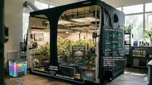 Illustration of a multi-site hydroponic deep water culture system neatly arranged inside a heavy-duty, large indoor grow tent.