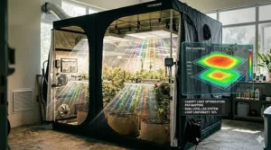 An illustration detailing optimal hanging heights and placement for multiple LED grow lights inside a large indoor grow tent to maximize canopy coverage.
