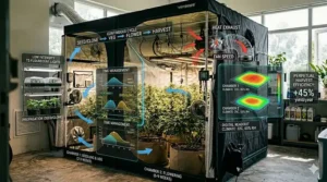 Concept design of a large indoor grow tent divided into separate chambers for continuous plant propagation, vegetative growth, and flowering stages.