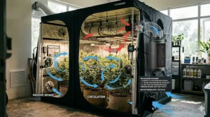 Diagram illustrating proper airflow configuration inside a large indoor grow tent, showing inline duct fans, carbon filters, and passive intake vents.
