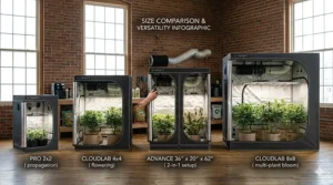 Infographic comparing different sizes and multi-chamber configurations available for a quality grow tent system.