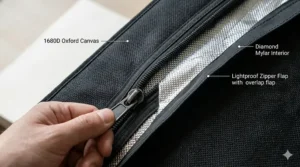 Close-up illustration showing the thick, tear-proof canvas and heavy-duty zippers of a quality grow tent.