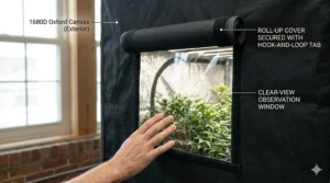 A grower looking through the easy-view observation window of a sealed quality grow tent to check plant progress.