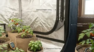 Highly reflective diamond mylar interior lining maximizing light distribution inside a quality grow tent.