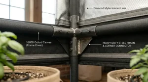 Diagram of a quality grow tent metal frame and reinforced corners capable of supporting heavy grow lights and filters.