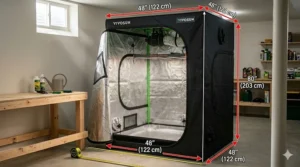 Diagram showing the 48x48x80 inch dimensions of a Vivosun 4x4 grow tent.