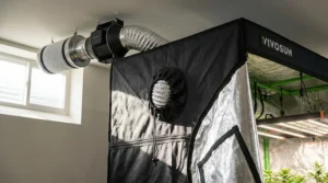 View of the dual-cinching duct ports on a Vivosun 4x4 grow tent for carbon filter setup.