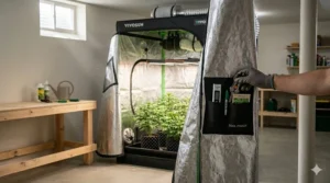 Interior view of the convenient tool organizer pouch inside a Vivosun 4x4 grow tent.