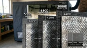 A detailed illustration comparing the thickness and lightproof density of standard 600D fabric versus the premium 2000D heavy-duty material.