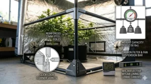 Technical diagram highlighting the reinforced steel corners and heavy load suspension capacity of a 2000D grow tent frame.