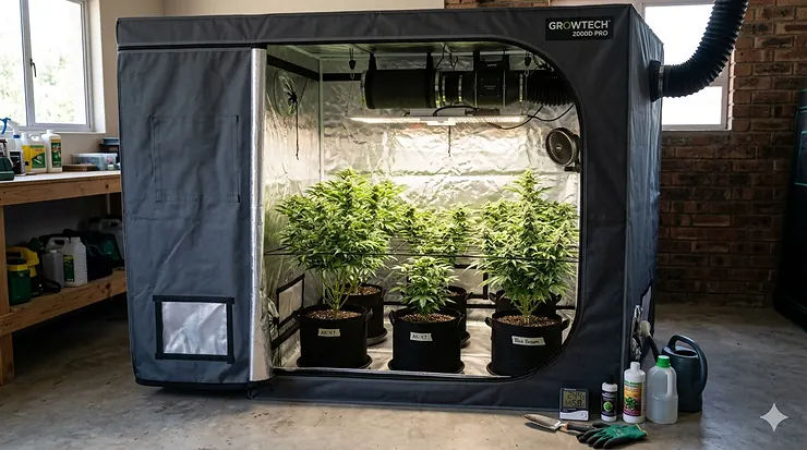 A durable 2000D grow tent fully set up with thriving green plants and indoor gardening lights.