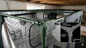 Illustration of the interlocking, heavy-duty steel pole frame and corners supporting a Gorilla 2000D grow tent.