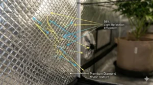 A detailed photorealistic illustration showing 98% light reflection efficiency inside a premium 2000D grow tent with a diamond pattern Mylar interior.