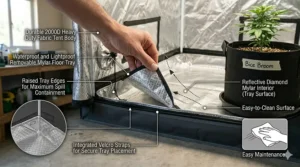 A photorealistic illustration showing a hand lifting the removable, waterproof Mylar floor tray of a heavy duty 2000D grow tent for easy cleaning and maintenance.