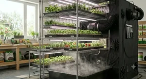 3D model illustration of the adjustable wire shelving units inside a multi-tier propagation chamber tent.