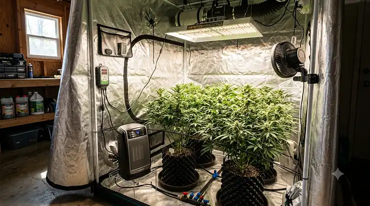 A modern indoor hydroponic grow tent setup featuring an integrated electric heater for precise temperature control.