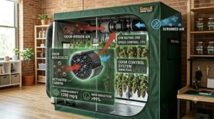 Illustration of an activated carbon filter installed in a cannabis drying tent to eliminate odors during the drying process.