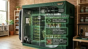 A multi-tier mesh drying rack hanging inside a dedicated cannabis drying tent for space-saving bud drying.