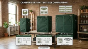 A diagram comparing different dimensions of an indoor cannabis drying tent for small and large home harvests.