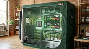 An infographic illustrating the ideal temperature and humidity levels inside a cannabis drying tent for optimal curing.