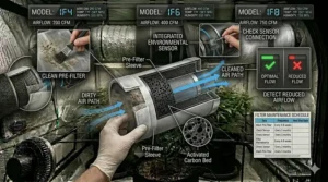 Maintenance diagram showing air filtration layers and pre-filter placement before air reaches