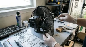 Step-by-step graphic showing how to remove the front grill to clean a Hurricane fan used