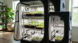 A side-by-side comparison diagram highlighting the dimensional differences between a compact cloning tent and a multi-tier seedling grow tent for indoor gardening.
