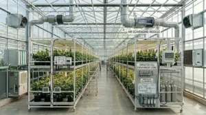 Technical diagram showing a precision carbon dioxide manifold system and air scavenging module layout for a commercial cannabis tent.