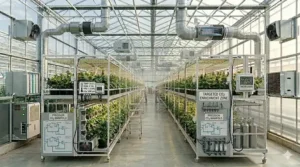 Master blueprint illustration of a commercial cannabis tent ecosystem combining multi-tier cultivation, precision CO2 manifolds, and automated commercial greenhouse systems.