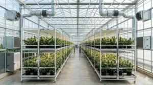 High-detail technical layout of a commercial cannabis tent facility showcasing heavy-duty vertical racking, overhead ductwork, and climate control units.