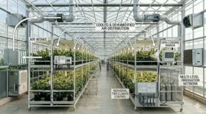 Diagram showcasing an individual tier climate control setup and a multi-level irrigation network within a vertical commercial cannabis tent facility.