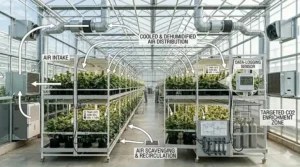 Infographic diagram of a commercial cannabis tent setup featuring data-logging sensors, air scavenging recirculation vents, and climate metrics.