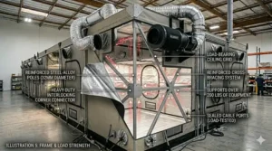 An illustration of the load-bearing metal frame and interlocking corners engineered to support heavy equipment inside a commercial grow tent.