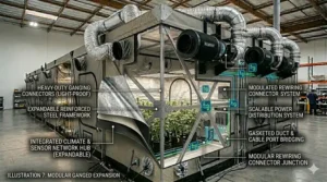 Visual concept of a ganged multi-tent setup showing how to connect multiple commercial grow tents together to scale an indoor cultivation facility.