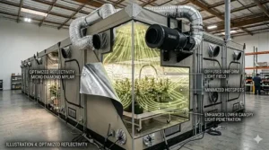 Graphic illustrating photon reflection and maximum light distribution off the interior Mylar lining of a commercial grow tent.