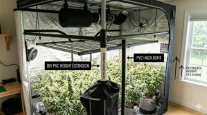 A conceptual illustration of a DIY grow tent height extension using PVC pipes to raise the roof frame.