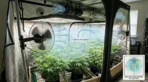 Two Hurricane fans mounted on opposite poles in a large grow tent for a complete dual-airflow system.
