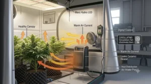 An oscillating fan distributing warm air generated by an electric heater across a grow tent canopy.
