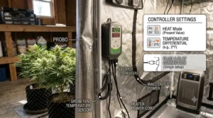 Digital thermostat controller unit connected to an electric heater for a grow tent to automate climate tracking.