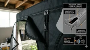 Detailed diagram of the light-proof backing and industrial-strength zippers on a Gorilla premium grow tent.